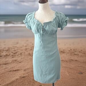 Papaya mint green puff sleeve mini dress smocked back L Cottagecore milkmaid